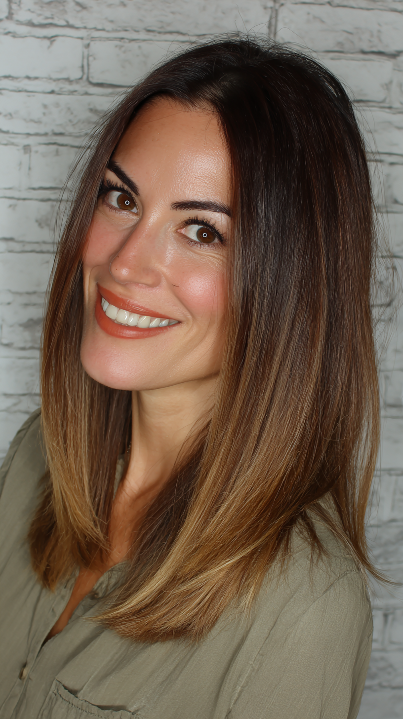 Sleek Brunette Cut with Golden Blonde Ombre