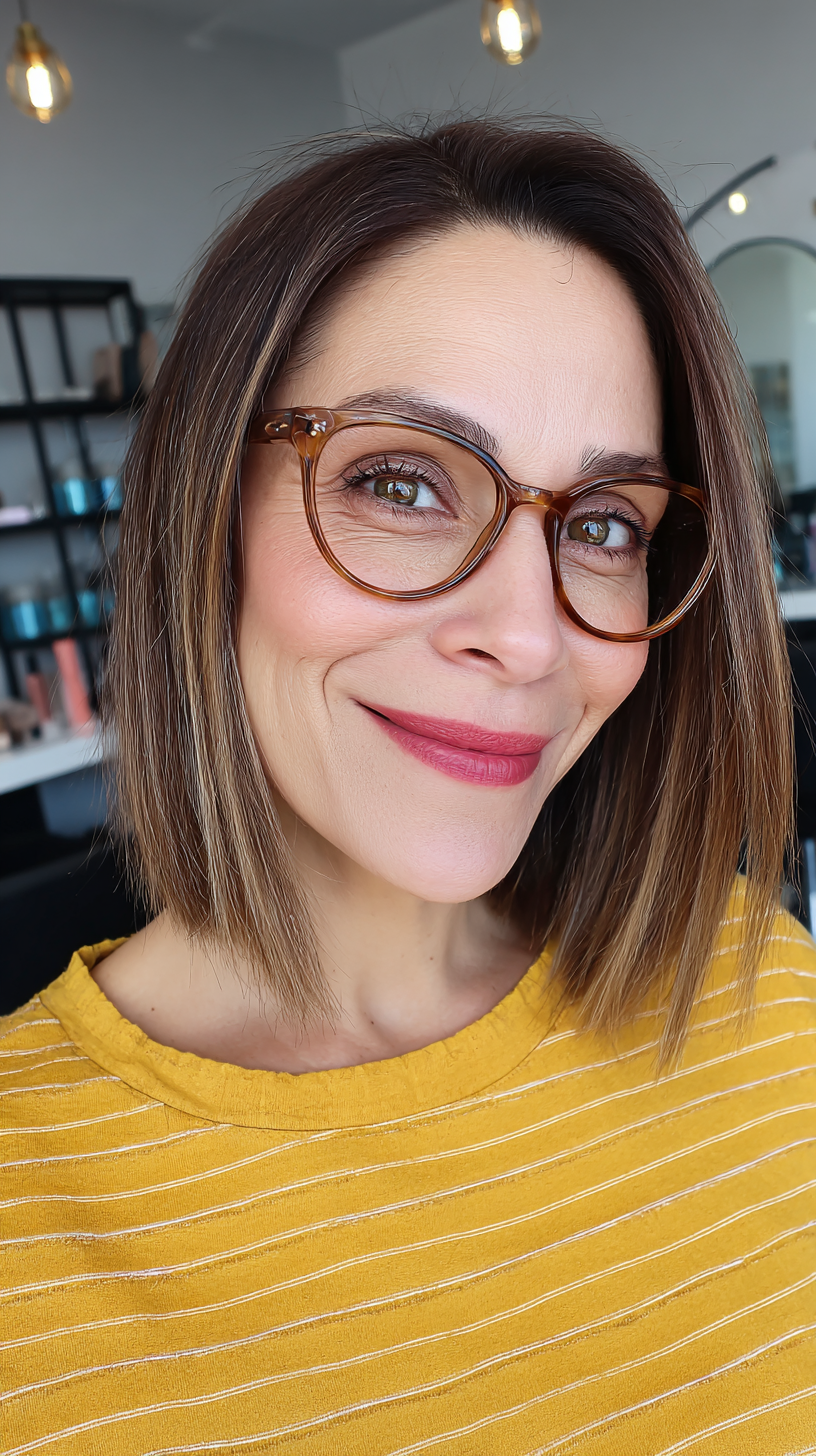 Sleek Brunette Lob with Bright Blonde Highlights