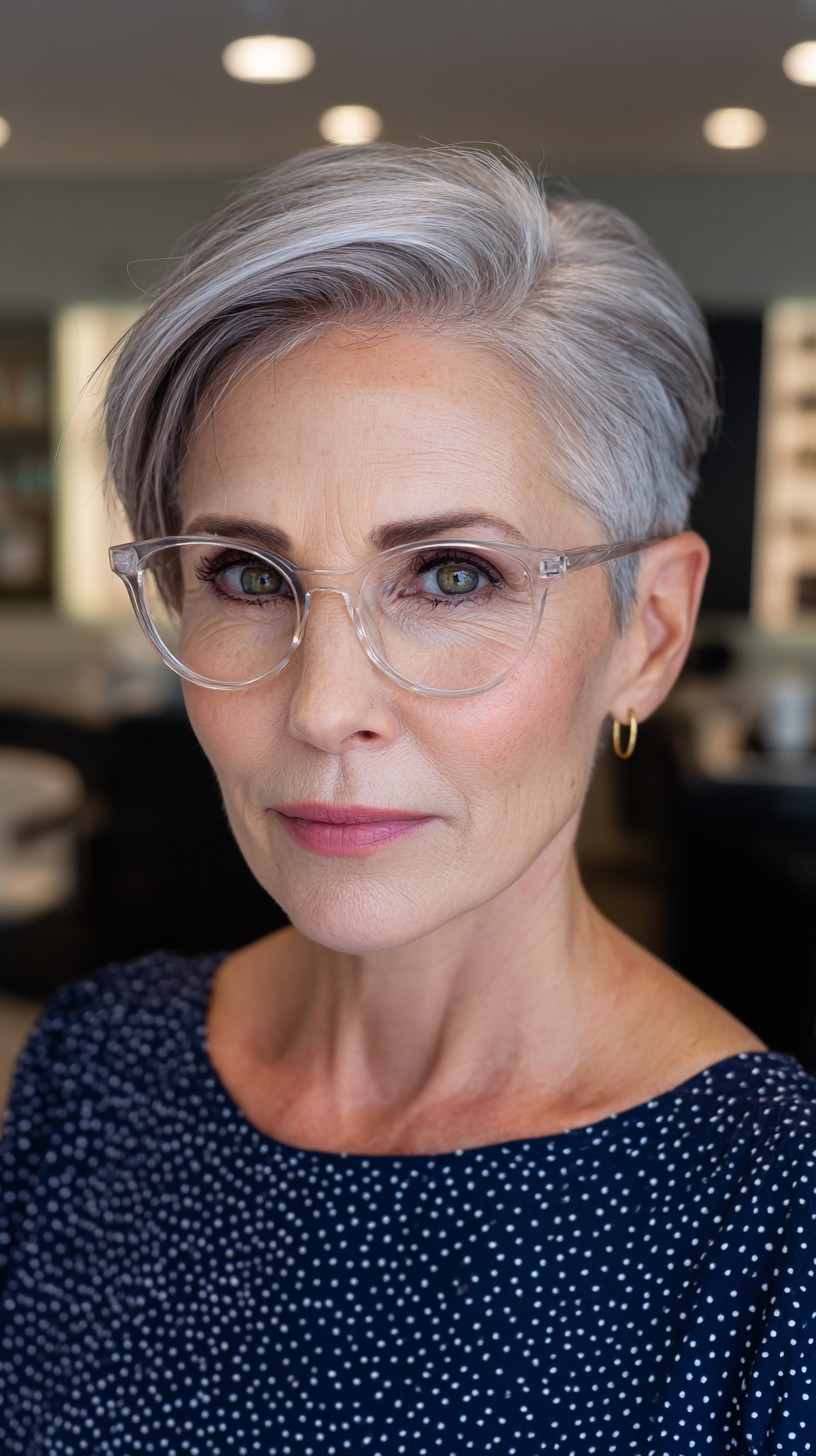 Sleek Silver Tapered Pixie with Long Bangs