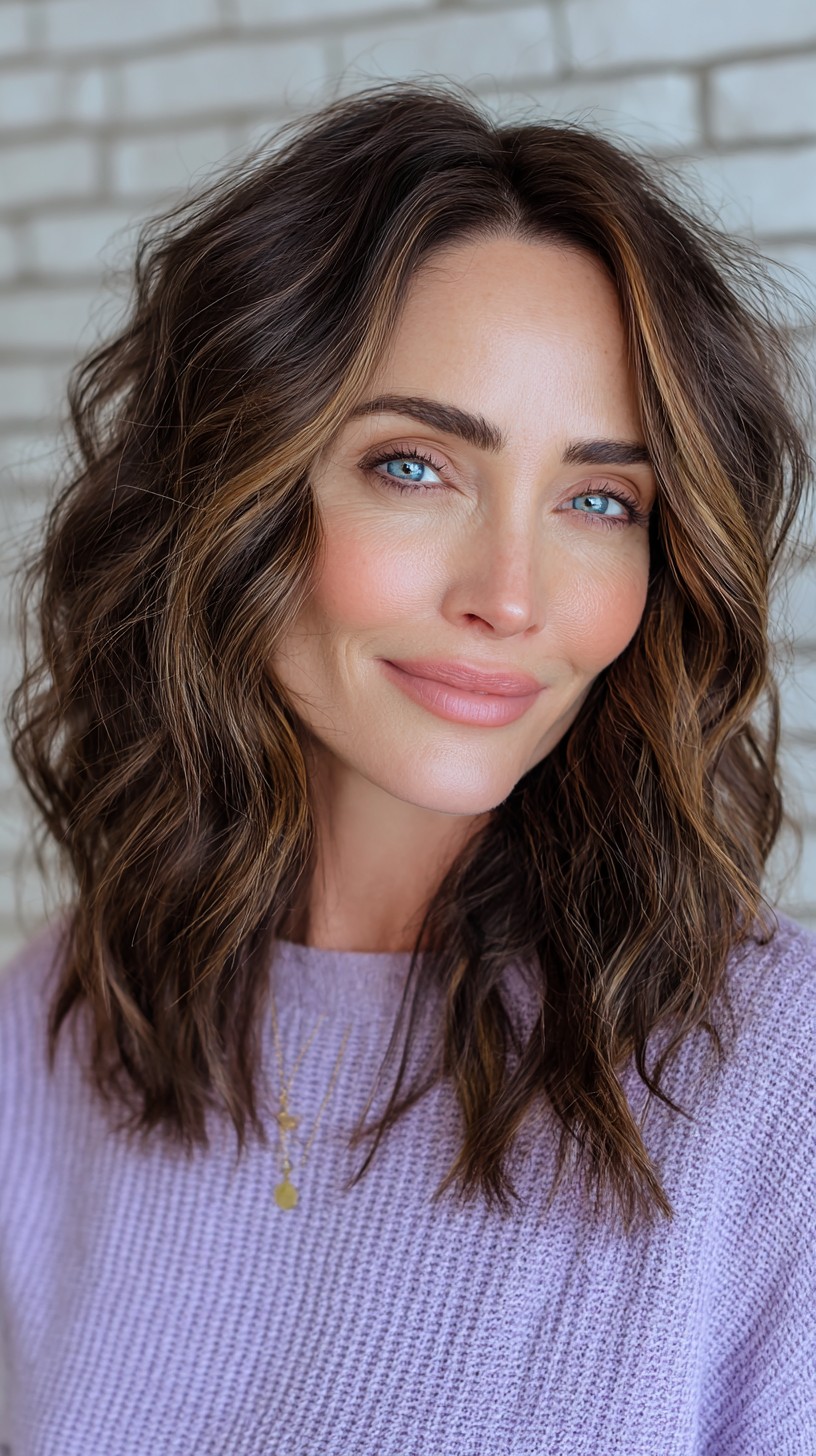 Soft Brunette Waves with Luminous Highlights