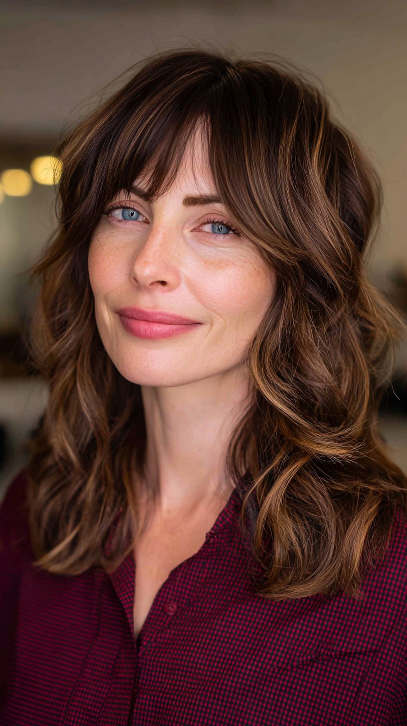 Soft Brunette Waves with Seamless Bangs