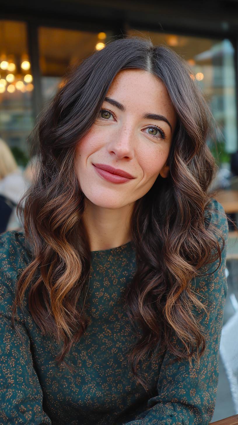 Softly Defined Chestnut Waves with Golden Highlights