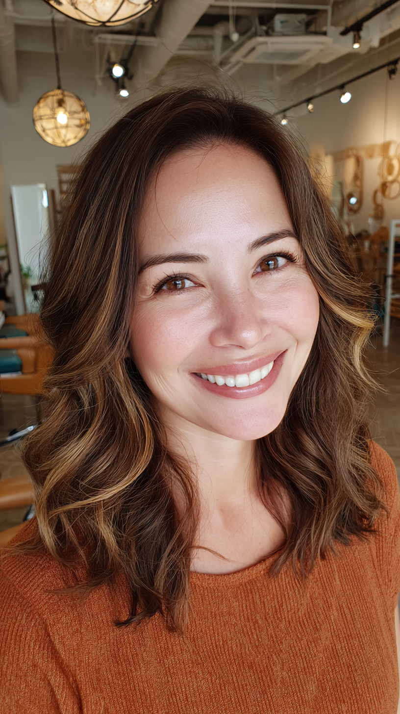 Softly Layered Brunette Waves with Golden Highlights