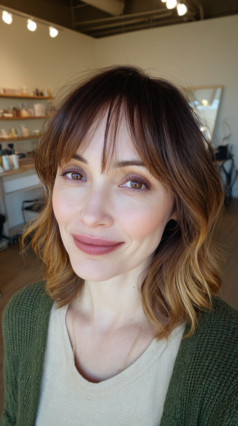 Softly Layered Brunette with Blonde Face-Framing Highlights