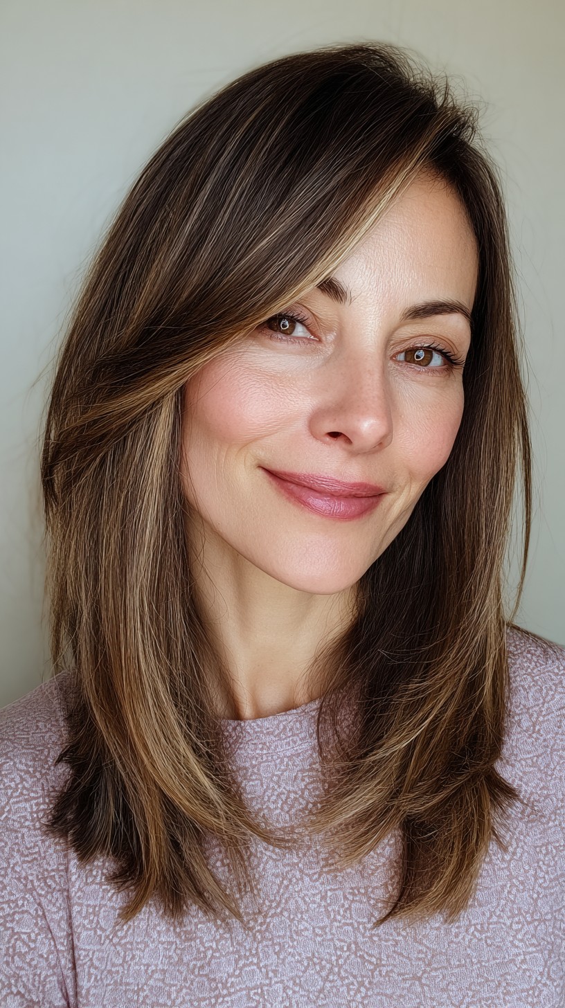 Softly Textured Chestnut Lob with Seamless Layers