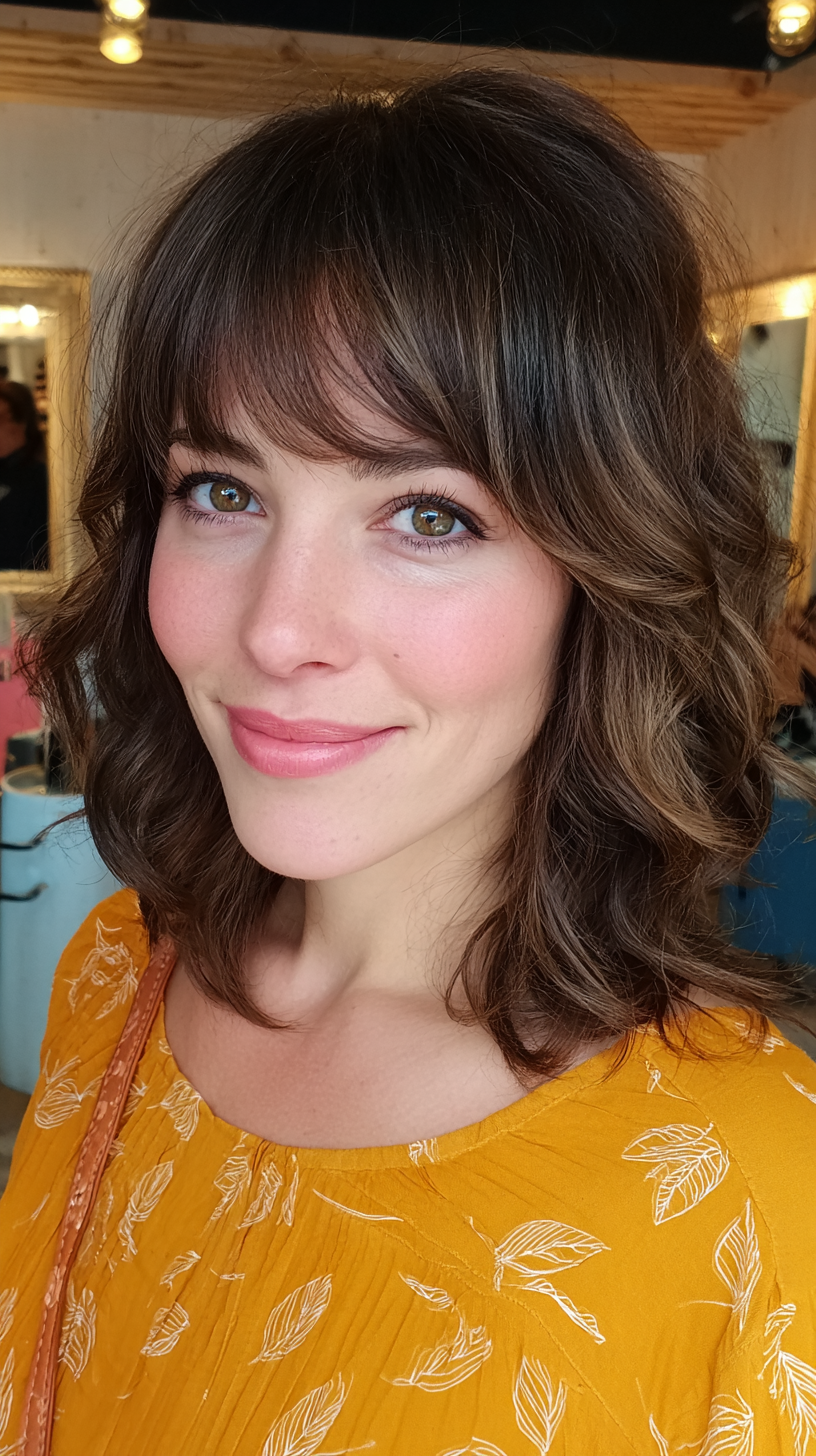 Stylish Wavy Brunette with Subtle Blonde Highlights