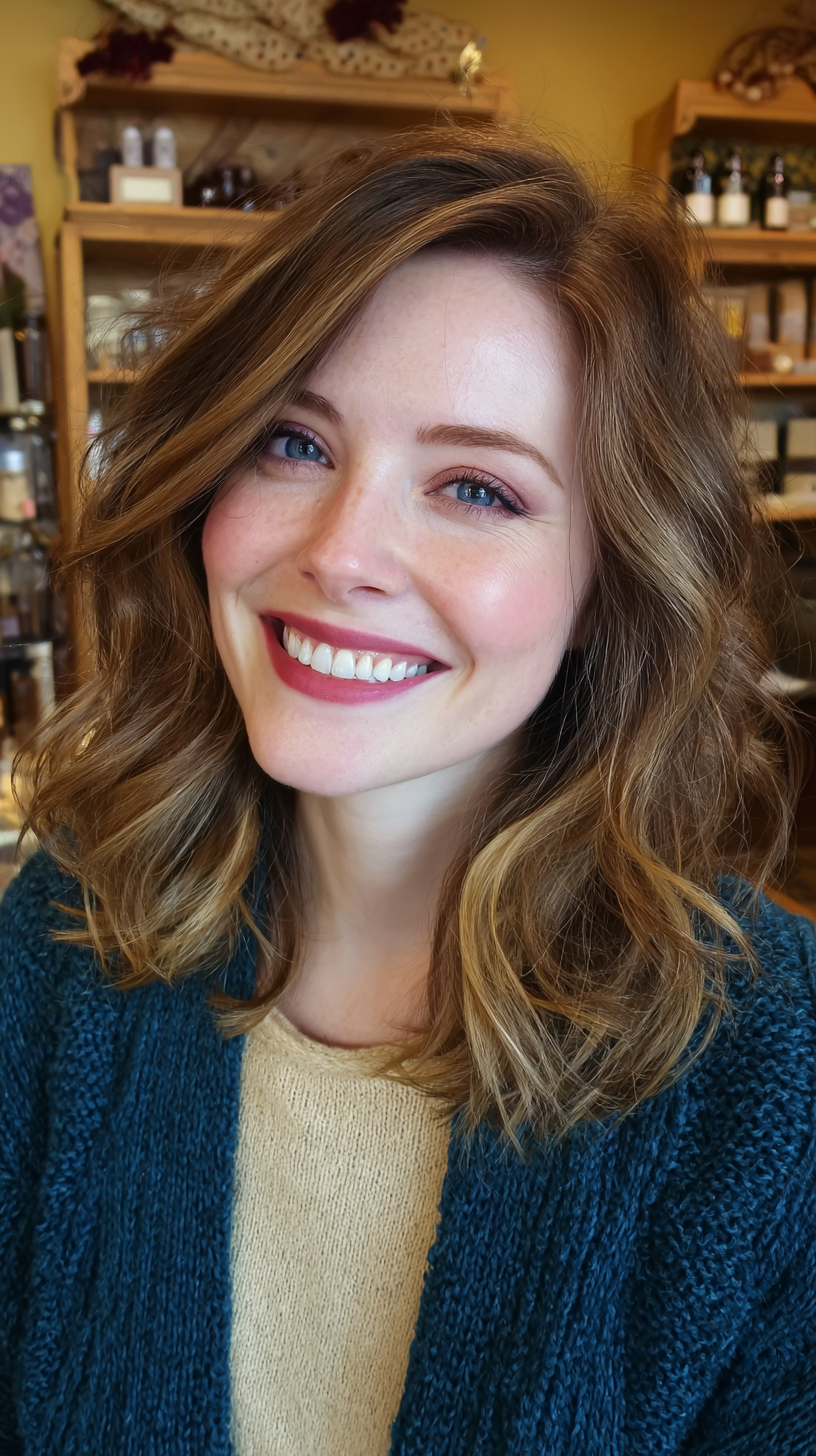 Textured Brunette Waves with Bright Blonde Highlights