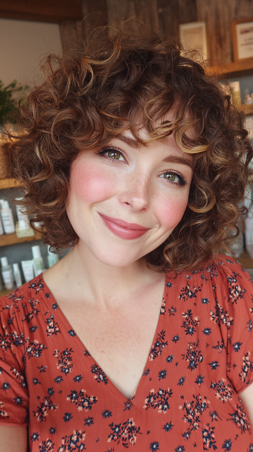 Textured Curly Brunette with Soft Blonde Highlights