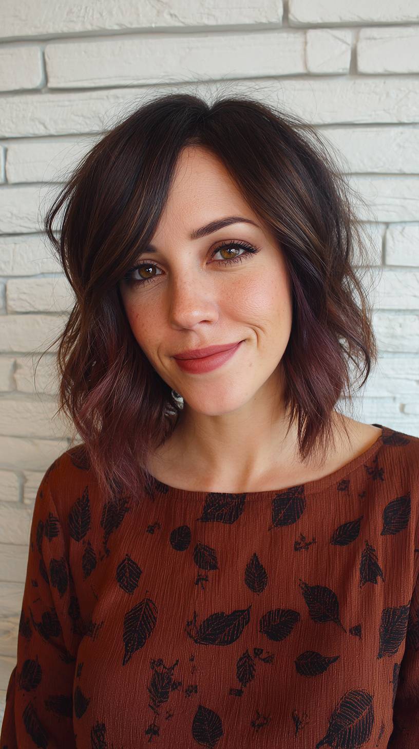 Textured Dark Bob with Subtle Burgundy Highlights