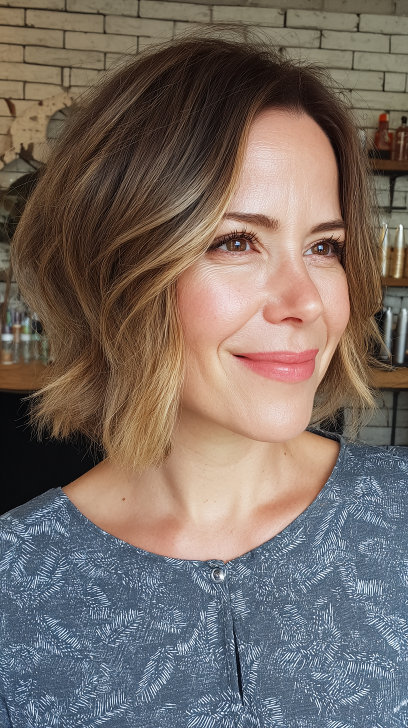 Textured Lob with Warm Blonde Highlights
