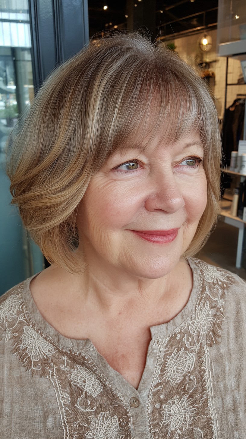 Warm Golden Layered Bob with Side-Swept Bangs