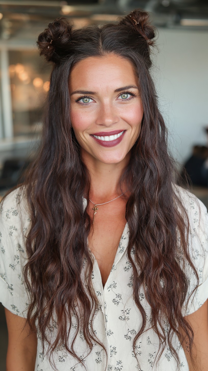 Bohemian Double Bun with Flowing Waves