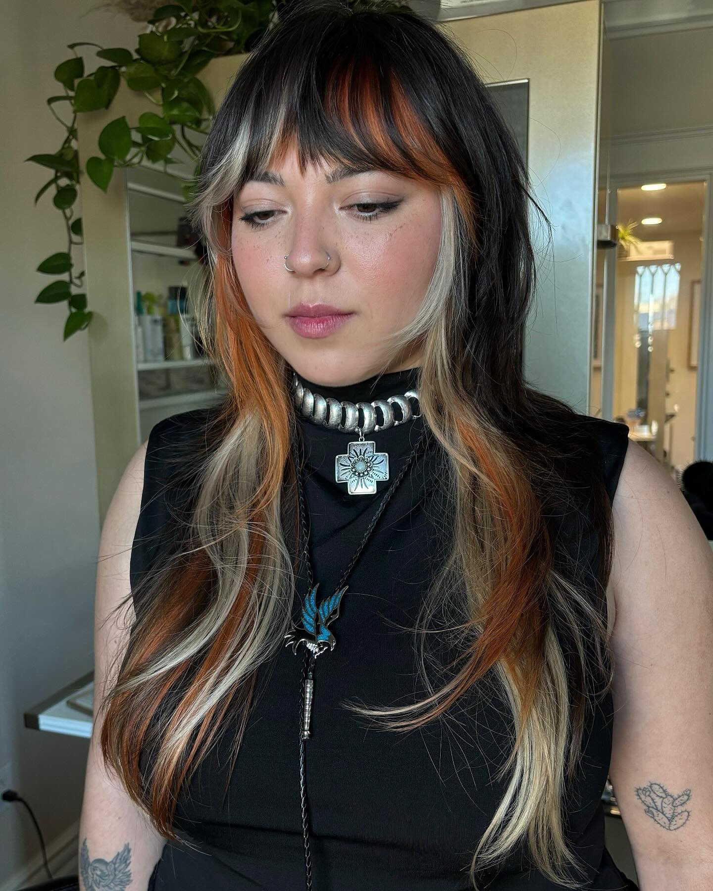 Bohemian Long Hair with Auburn Highlights and Soft Fringe