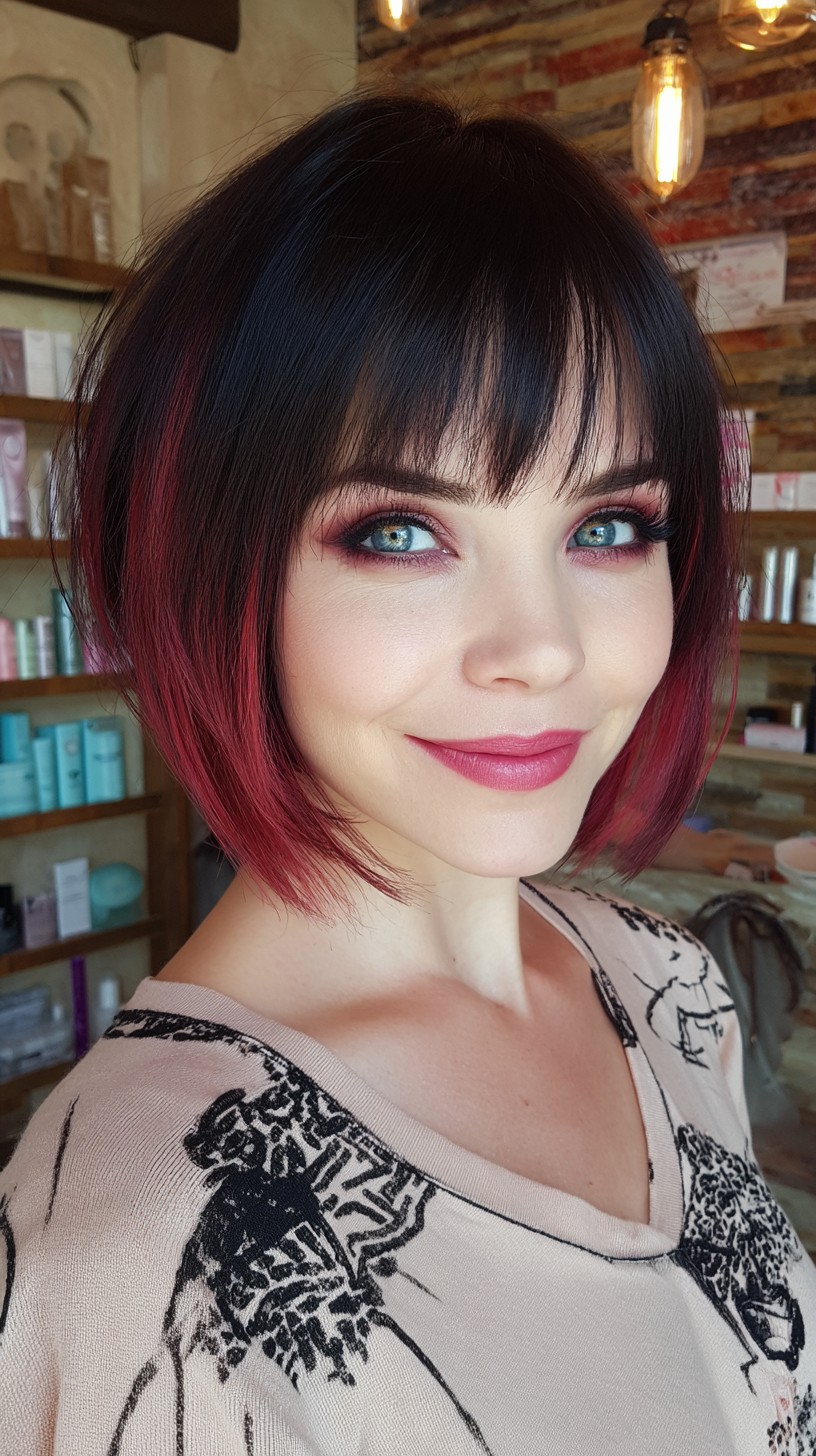 Bob negro intenso con puntas degradadas en carmesí