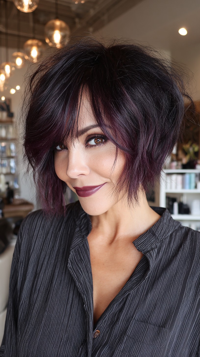 Bob asimétrico despeinado color burdeos