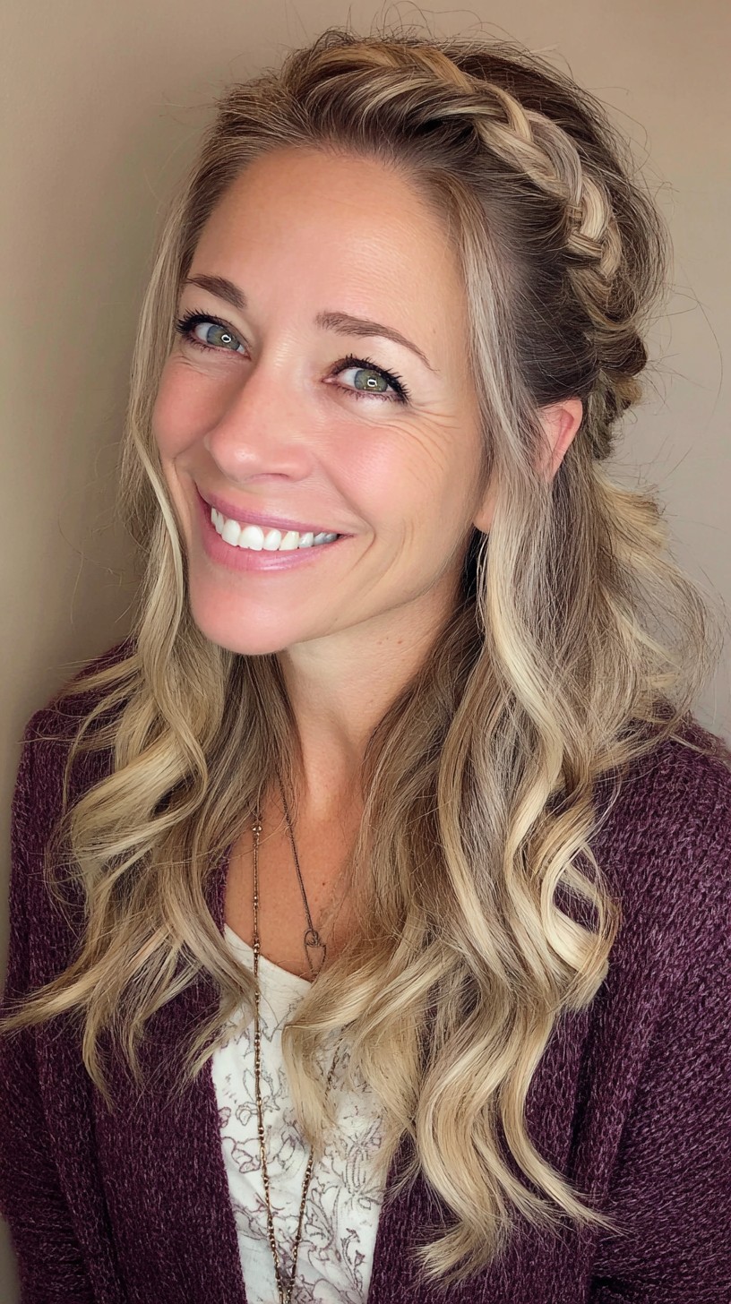 Casual Blonde Braid Crown with Soft Waves