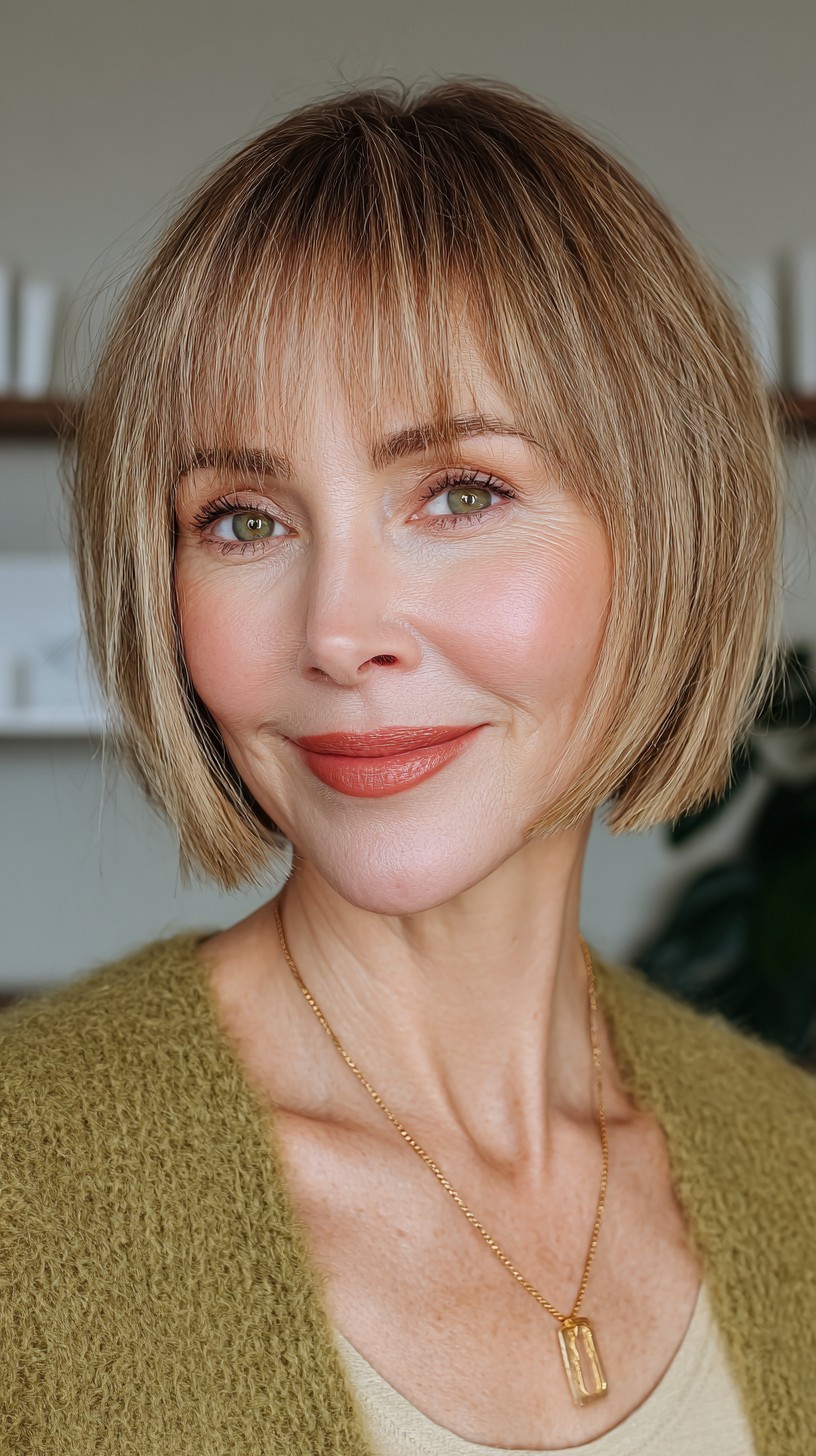 Chic Caramel Bob with Feathered Bangs