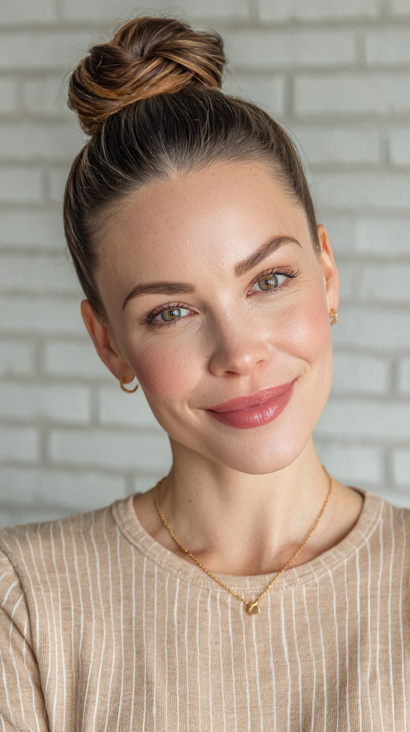 Chic High Bun with Subtle Caramel Highlights