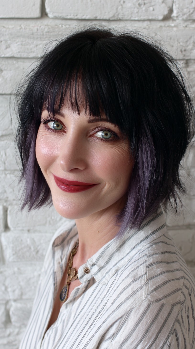 Elegante corte bob negro azabache con puntas lavanda