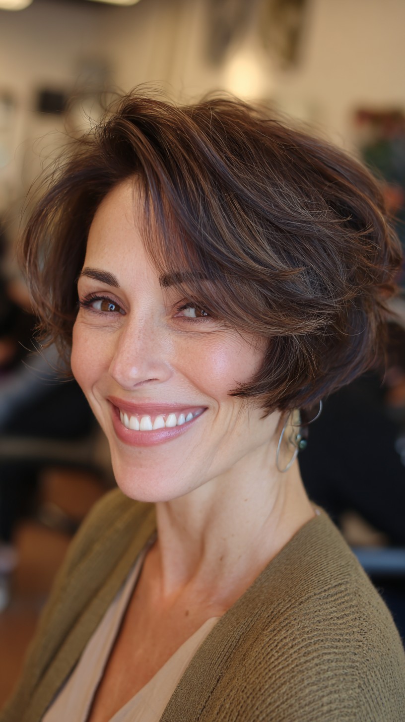 Chic Short Chestnut Razor Cut with Subtle Highlights