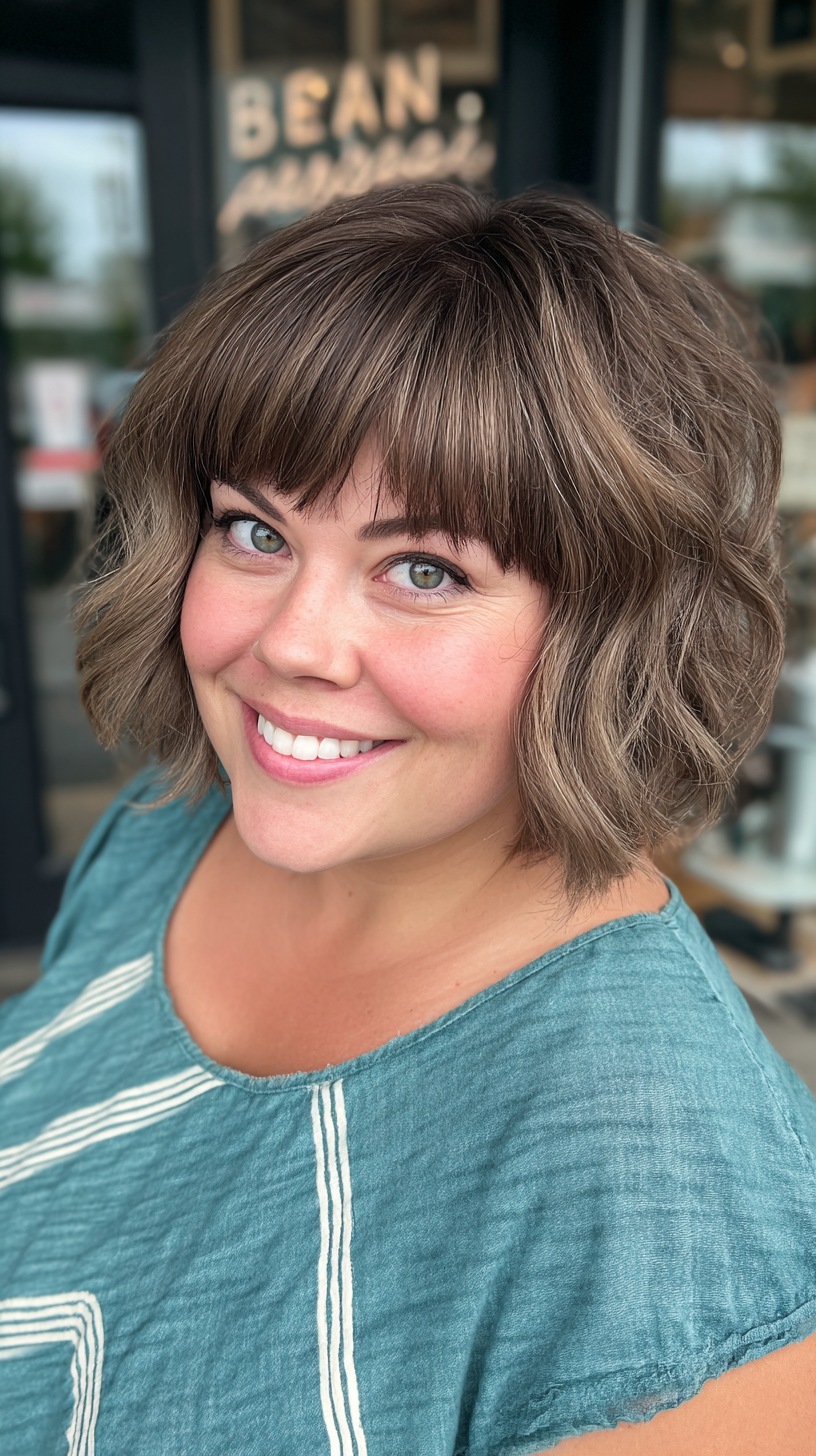 Chic Textured Shaggy French Bob with Full Bangs