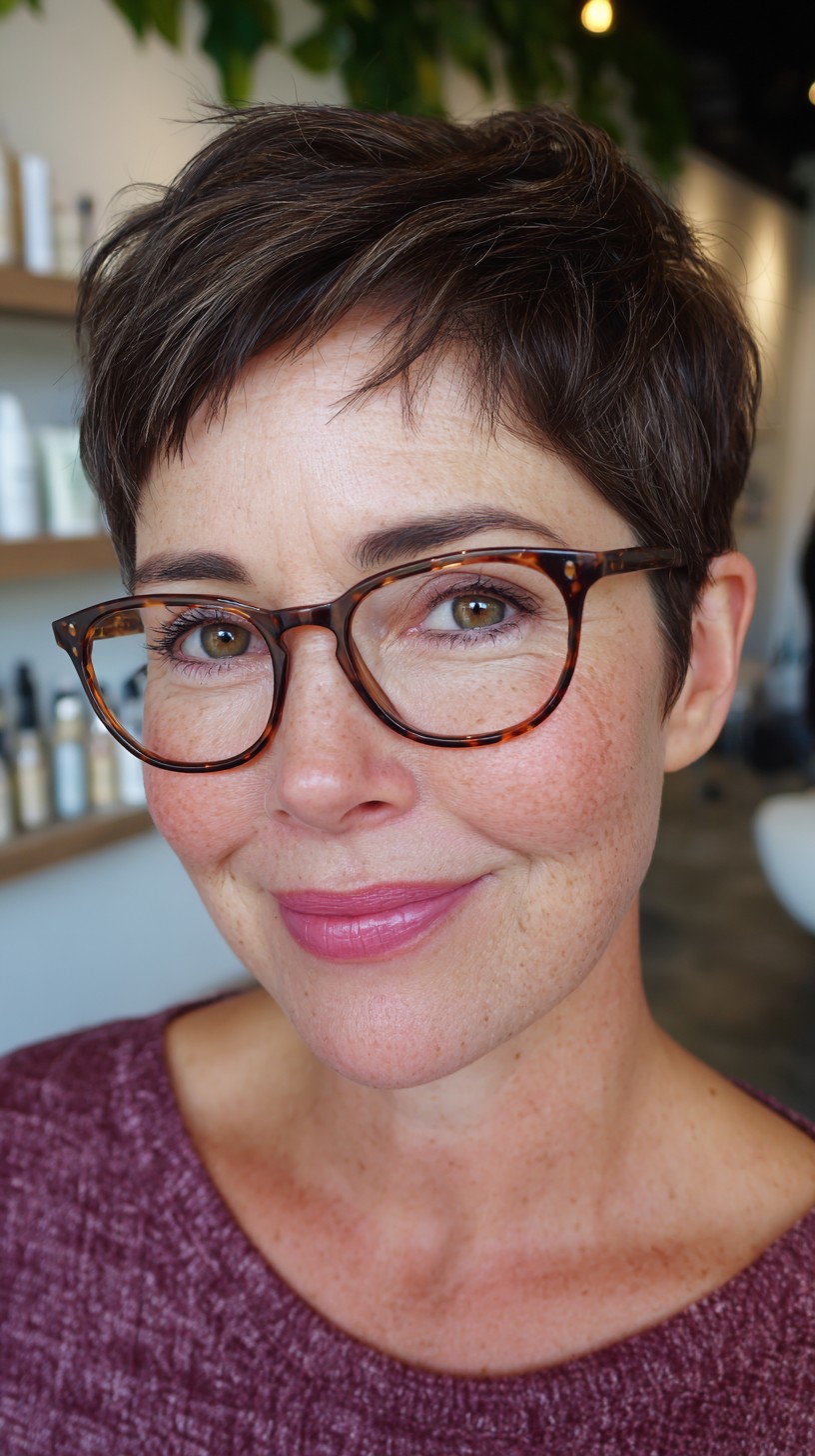 Chic Wispy Brunette Pixie with Side-Swept Bangs