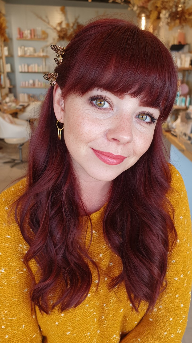 Deep Burgundy Waves with Butterfly Clips