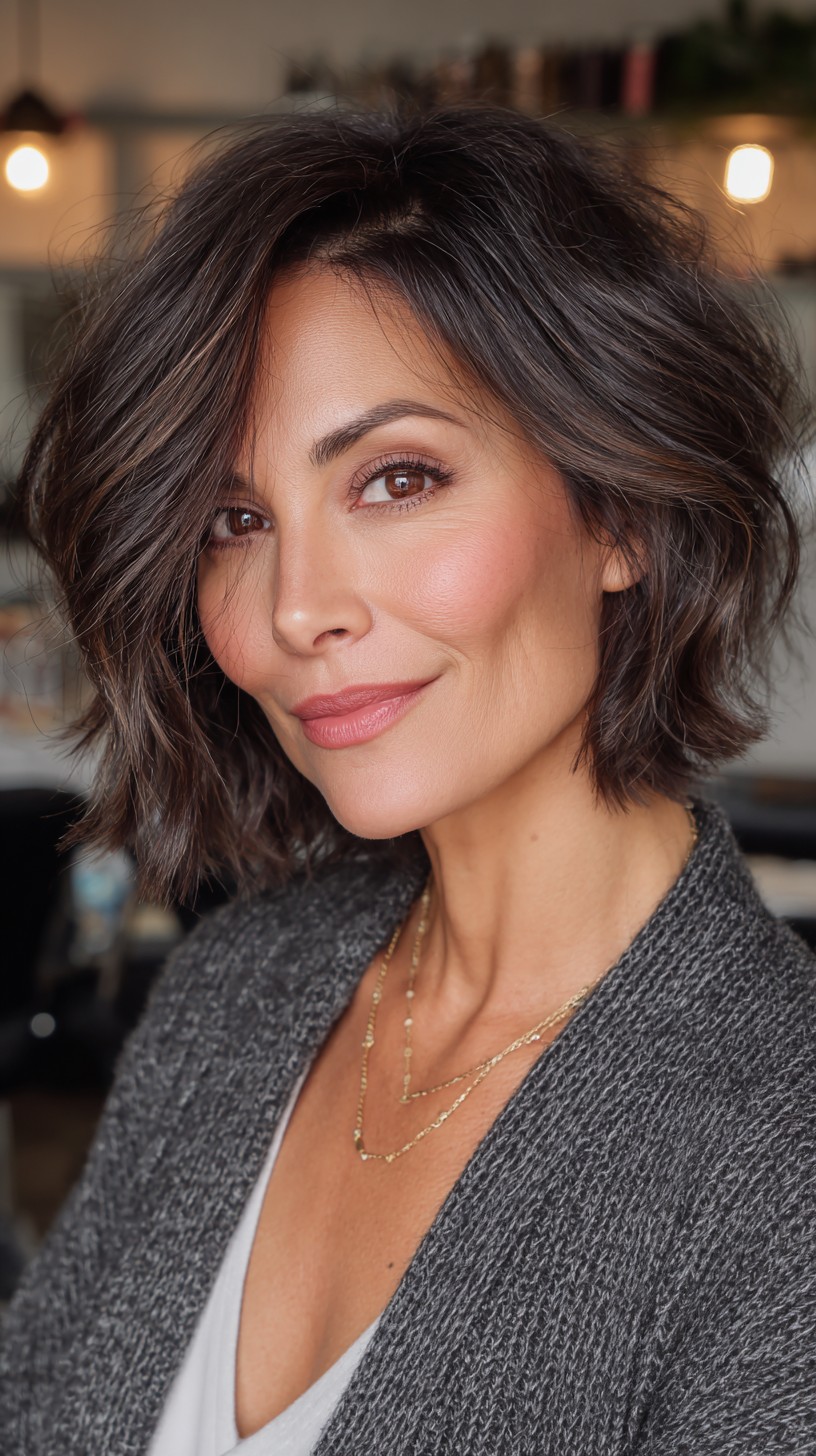 Dynamic Brunette Textured Bob with Swooping Bangs