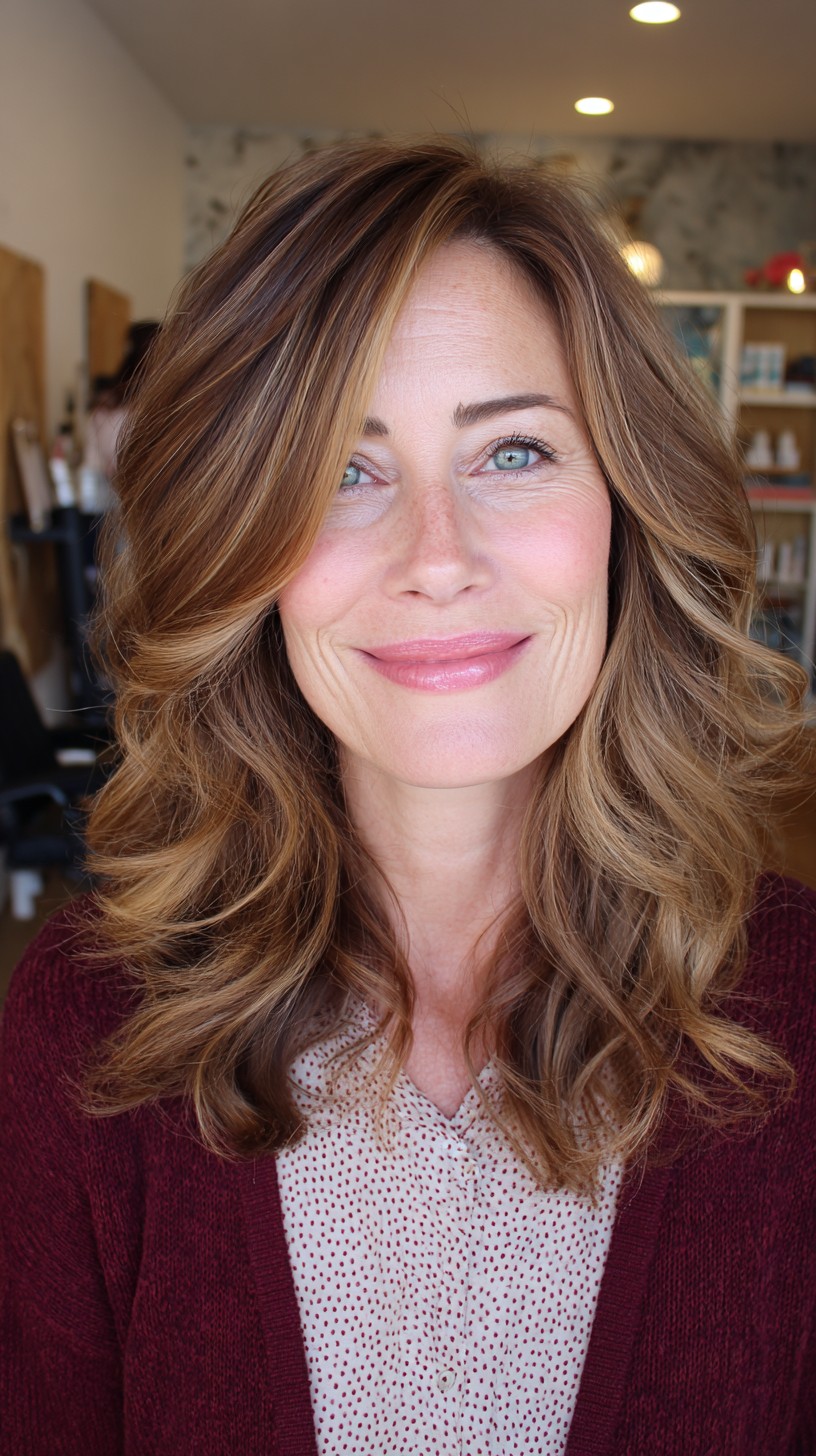 Dynamic Caramel Swirls on Mid-Length Curls