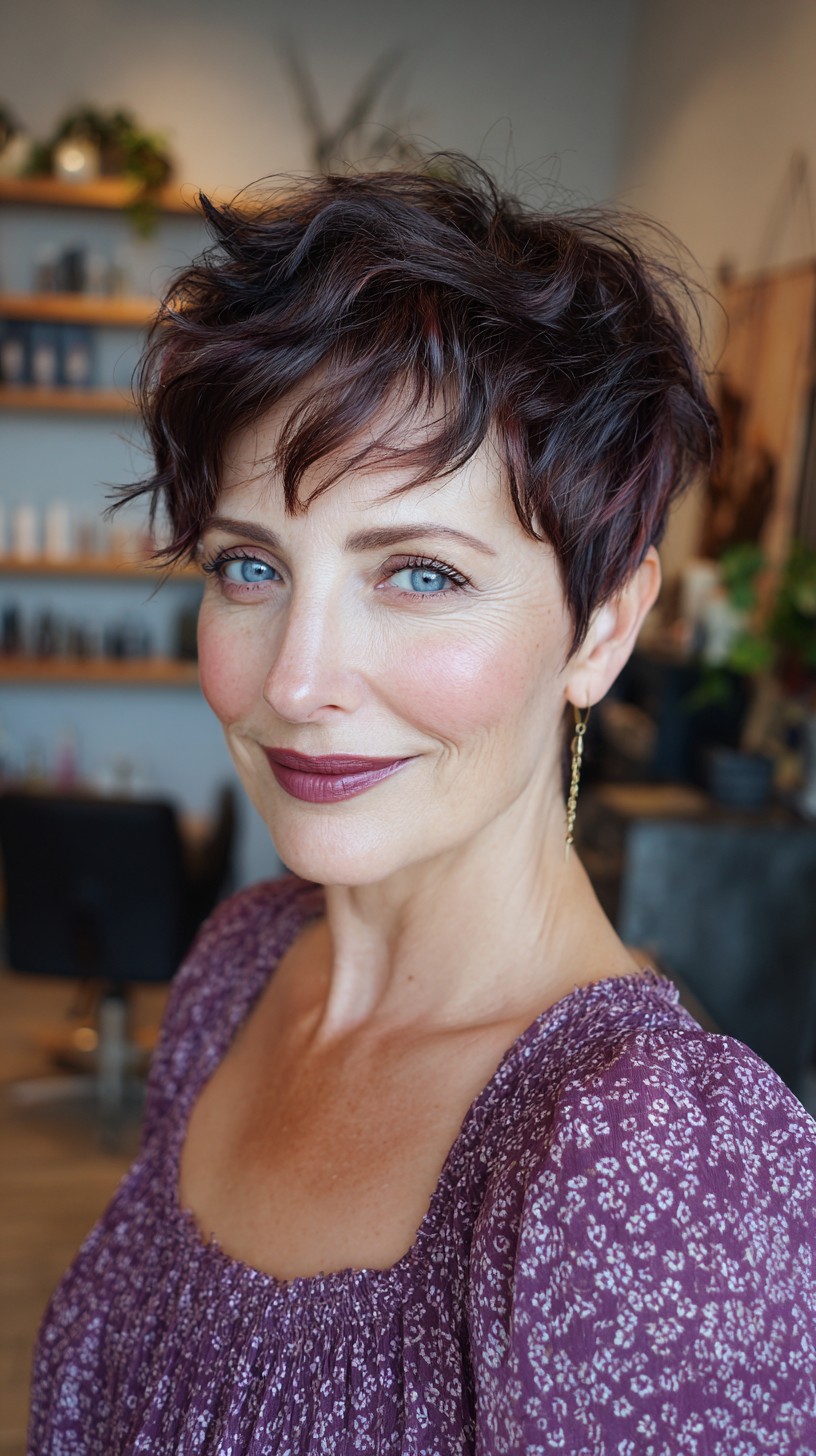 Edgy Aubergine Tousle with Piecey Fringe