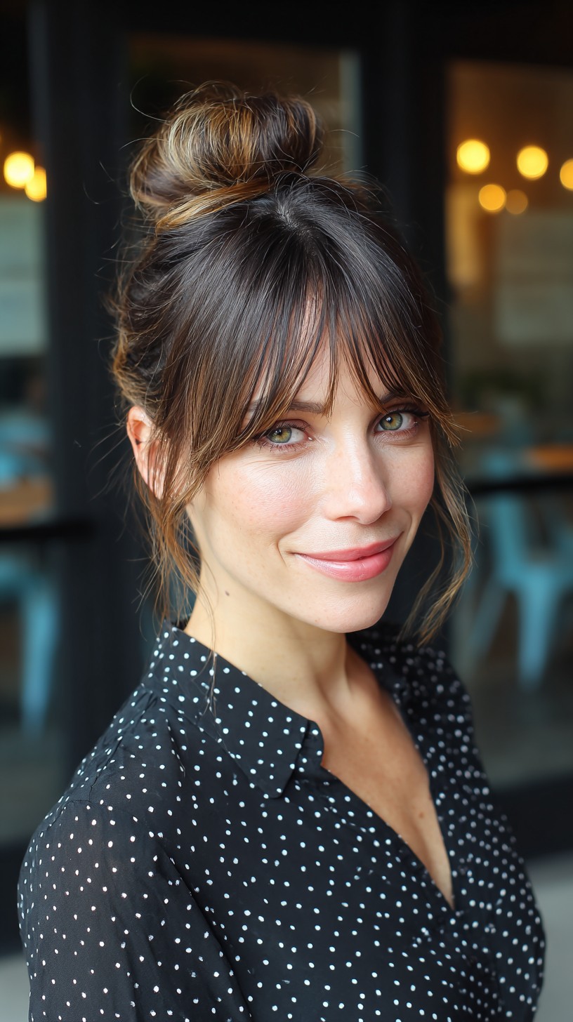 Effortlessly Chic Top Knot with Wispy Bangs
