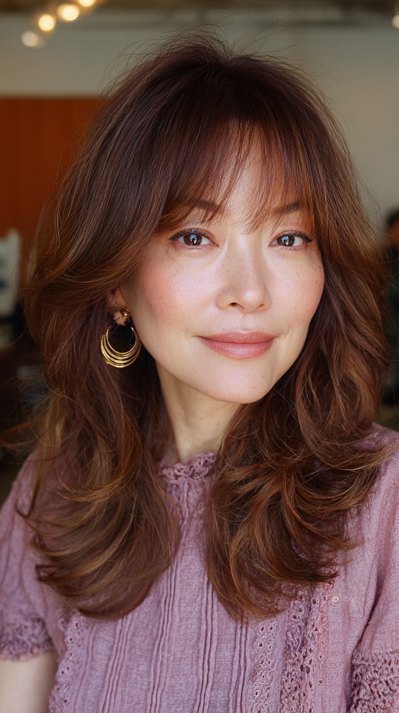 Feathered Caramel Brushed-Out Curls with Bangs