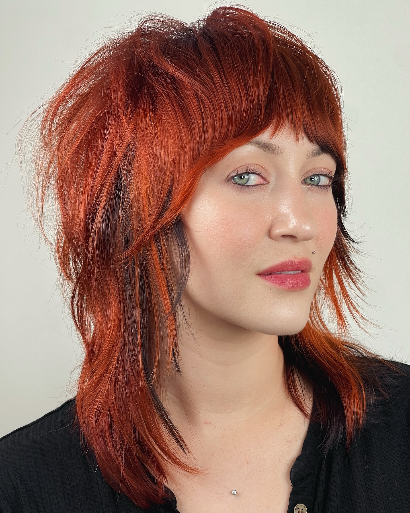Fiery Copper Textured Lob with Feathered Bangs
