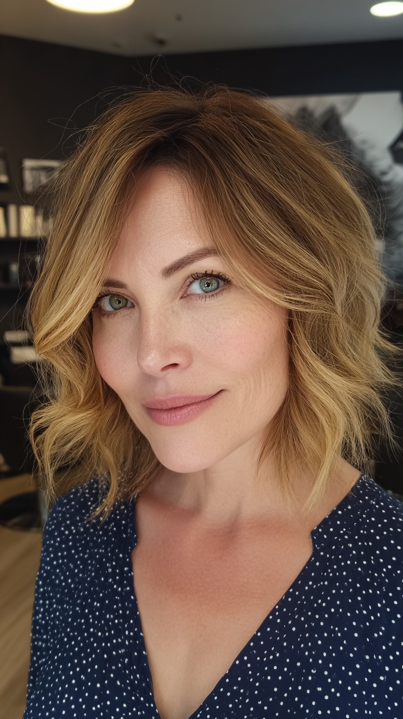 Golden Blonde Textured Waves with Soft Bangs