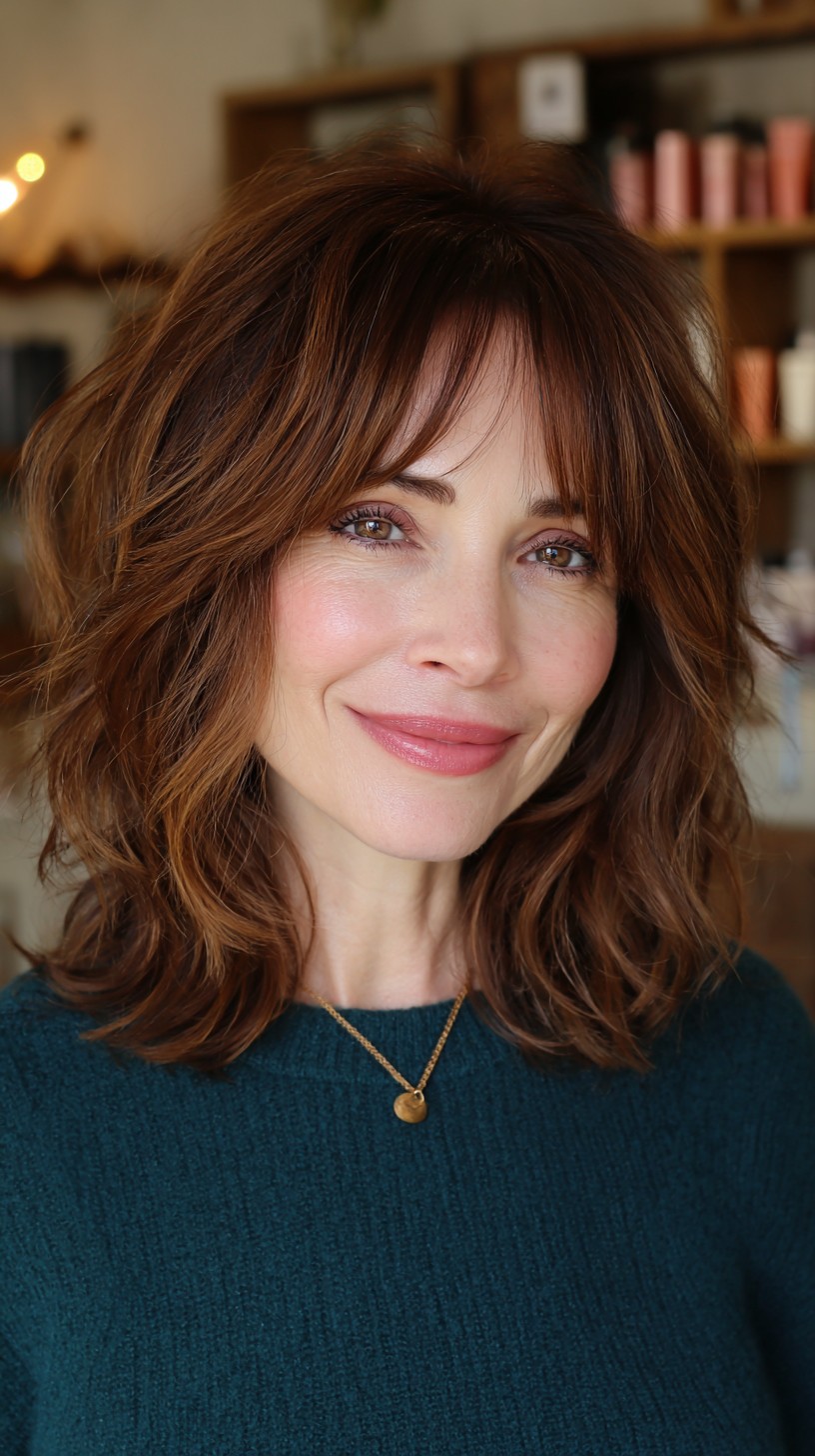 Luminous Chestnut Shag with Feathered Bangs