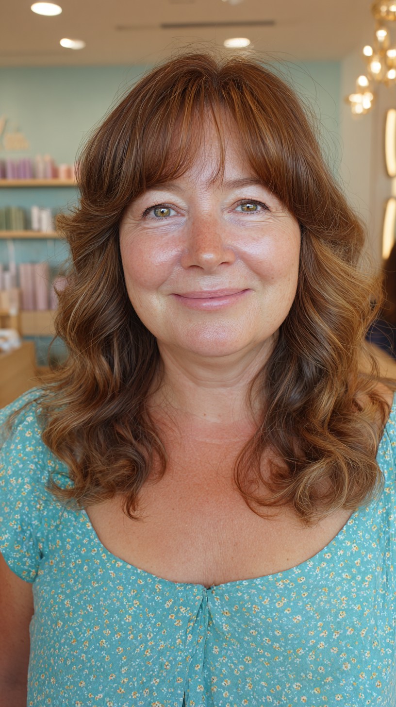 Natural Chestnut Waves with Soft Bangs