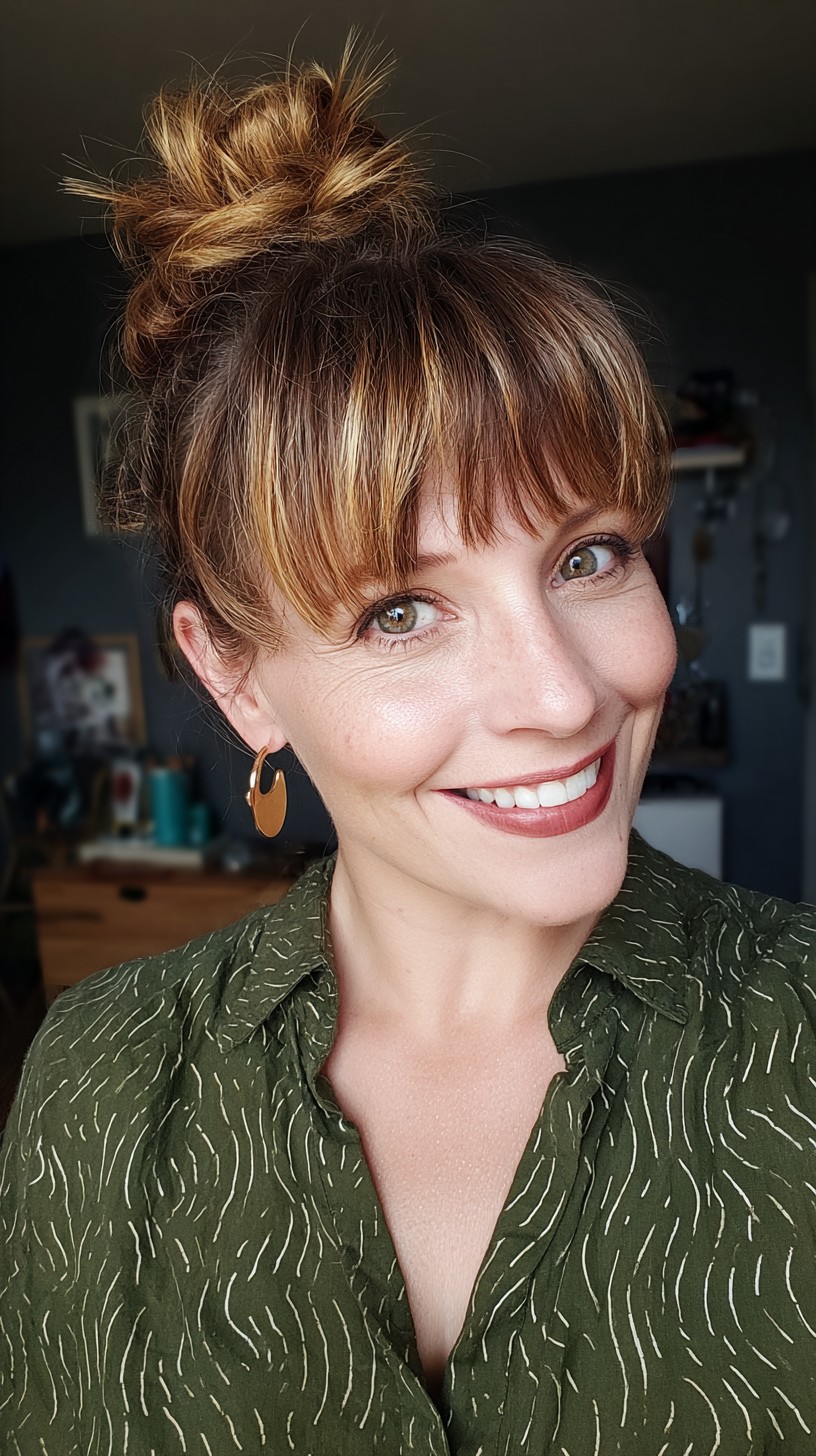 Playful Top Bun with Tousled Bangs