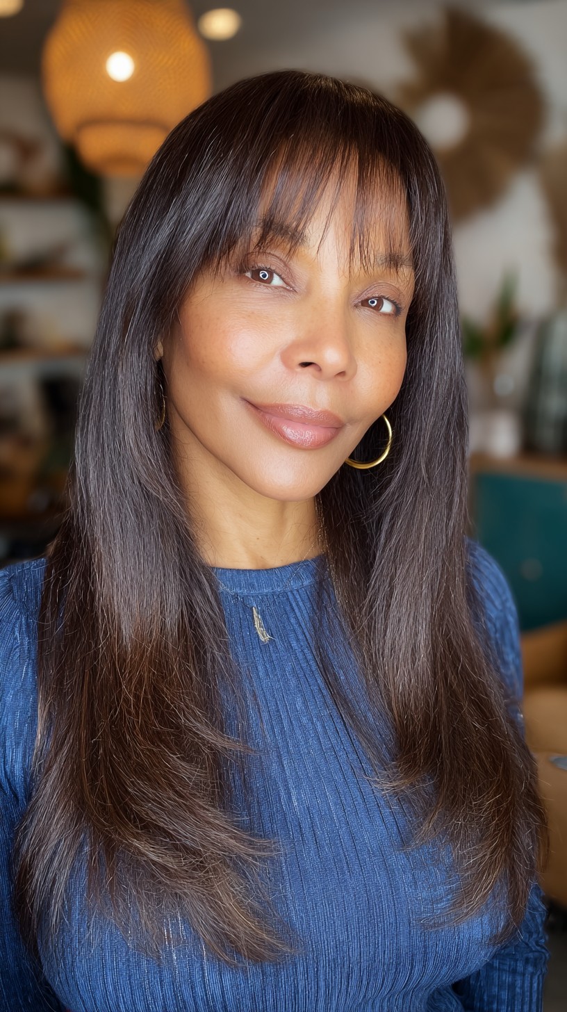 Refined Charcoal Layers with Face-Framing Bangs