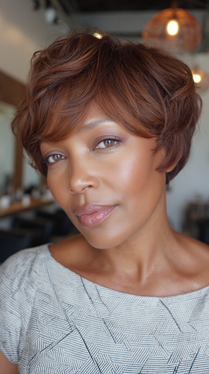 Rich Auburn Tapered Pixie with Textured Bangs
