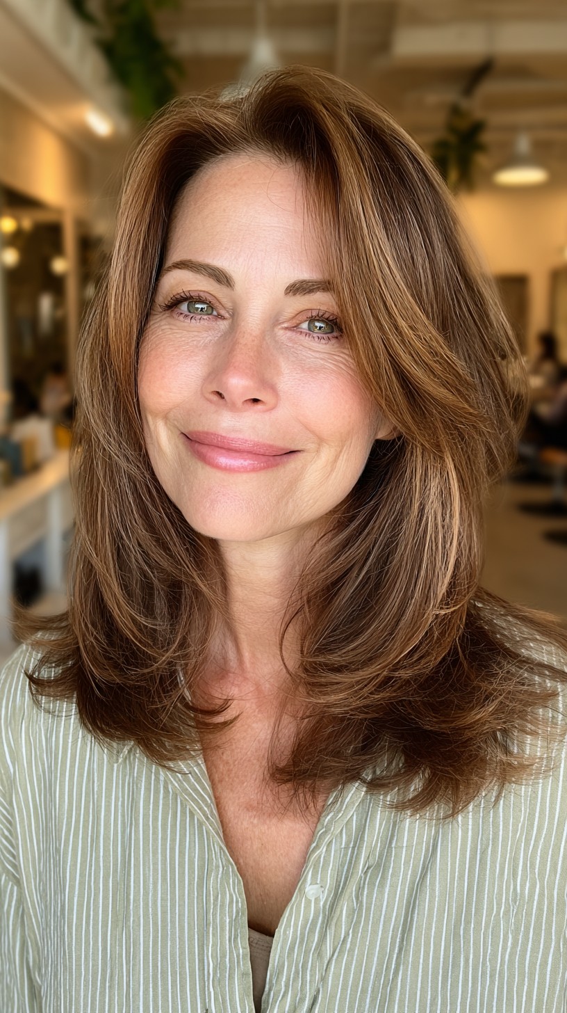 Rich Caramel Tones in Smooth Shoulder-Length Layers