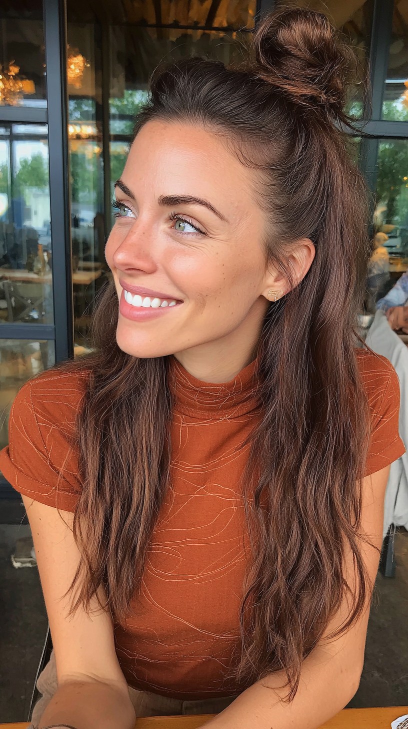 Rustic Tawny Tousled Bun with Cascading Waves
