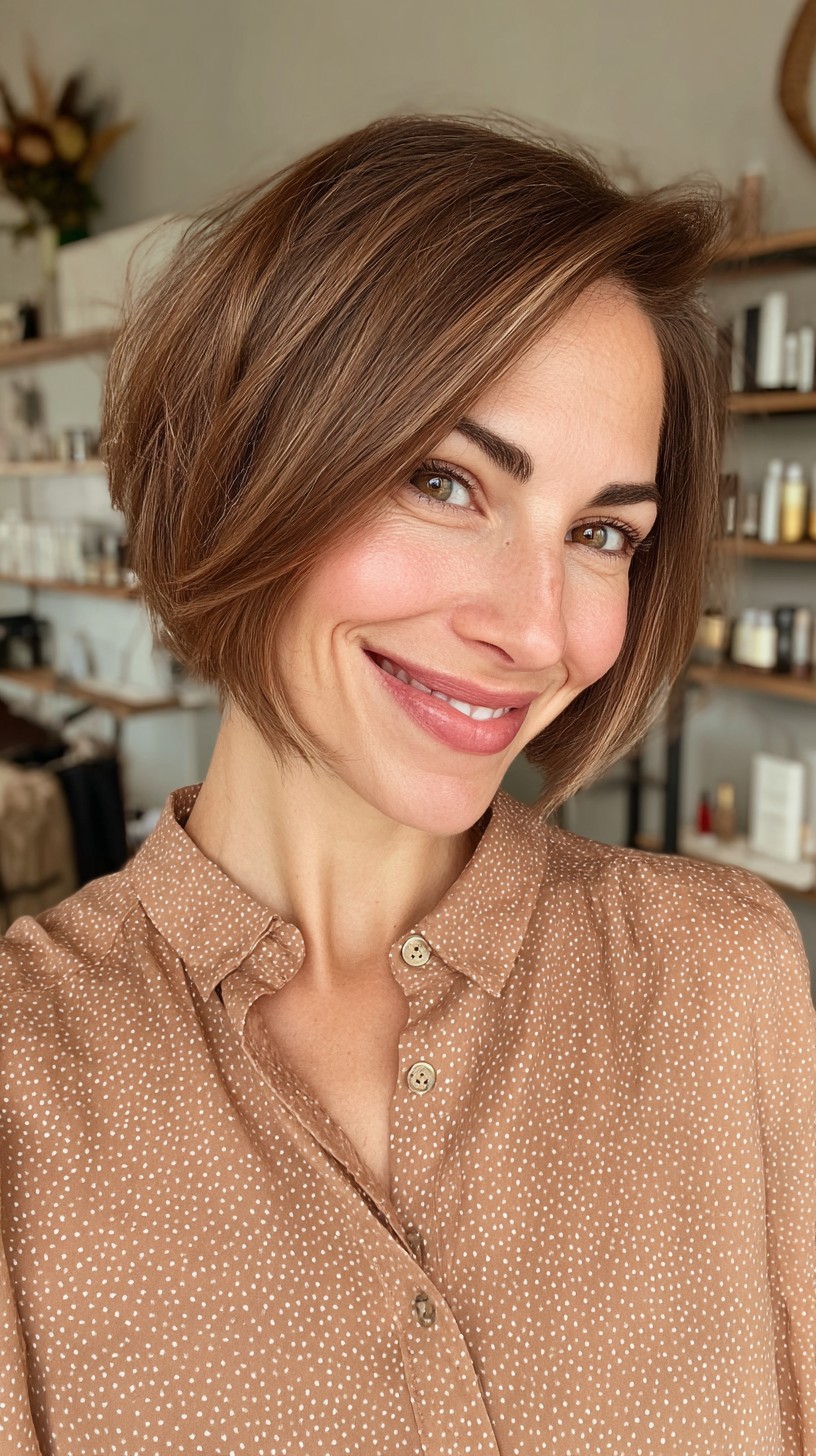 Sleek Chestnut Bob with Soft Textured Ends