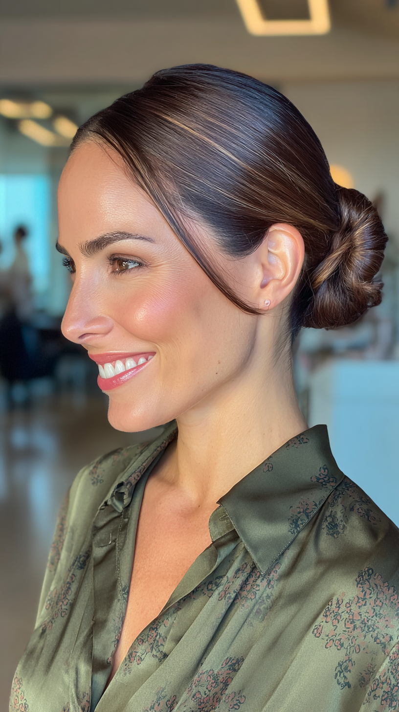 Sleek Low Bun with Face-Framing Tendrils