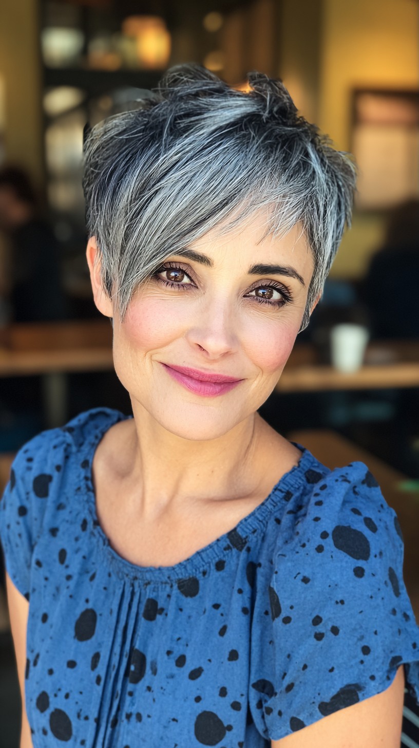 Elegante corte pixie plateado con capas degradadas