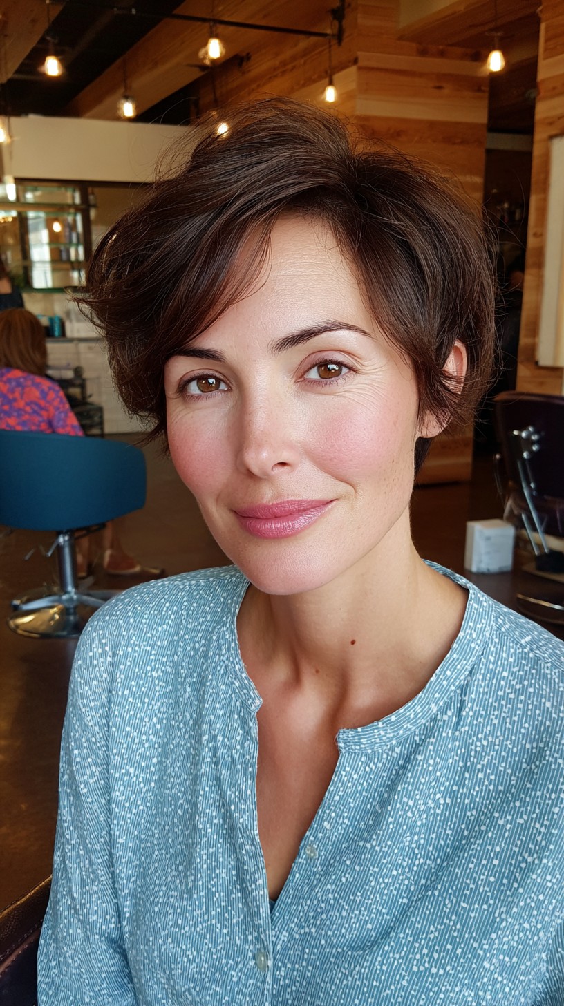 Soft Tousled Brunette Bob with Sweeping Fringe