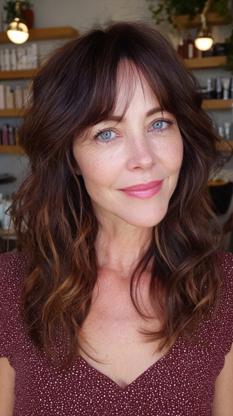 Softly Feathered Chestnut Curls with Fringed Bangs
