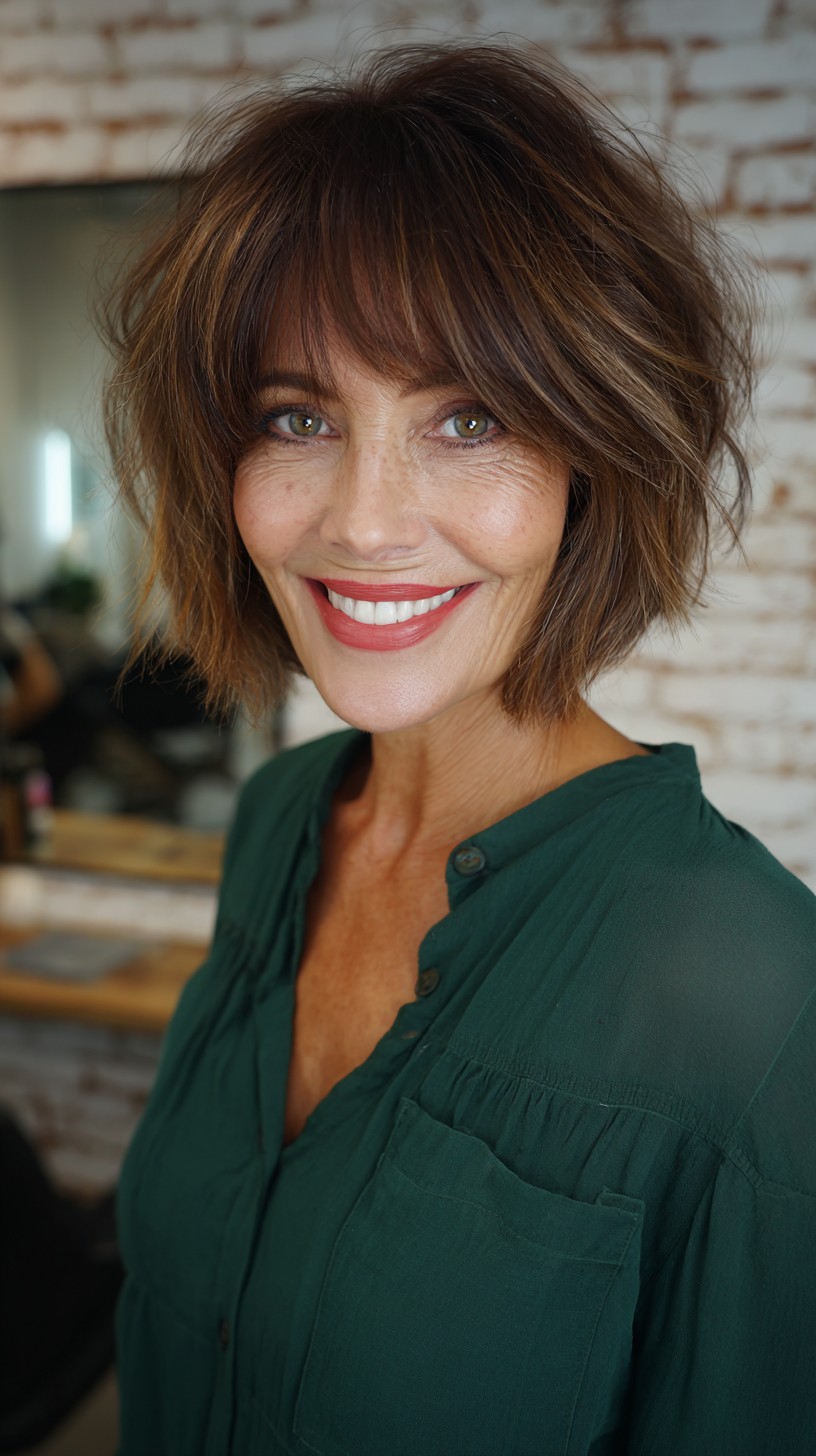 Textured Brunette Bob with Feathered Bangs