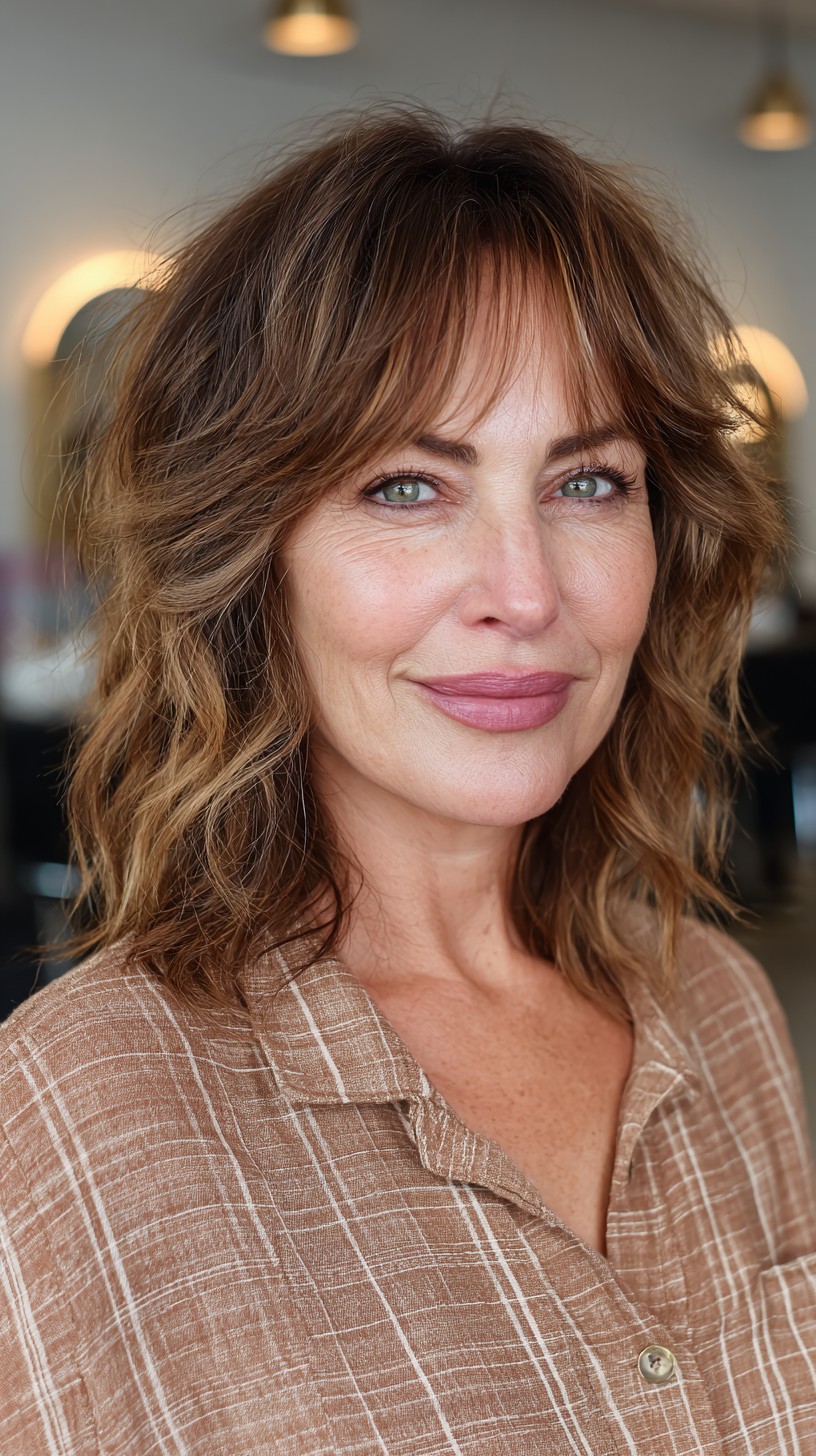 Textured Caramel Shag with Fringed Bangs