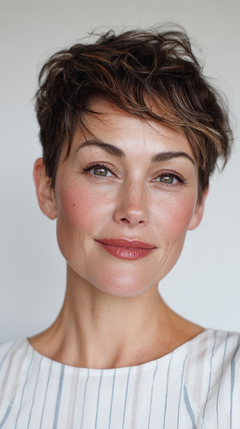 Vibrant Chestnut Tousled Pixie with Natural Highlights