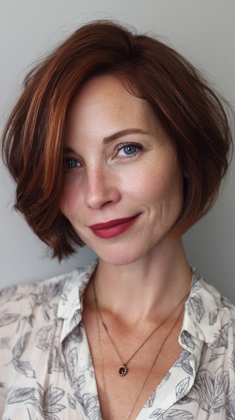 Vibrant Copper Bob with Side-Swept Bangs